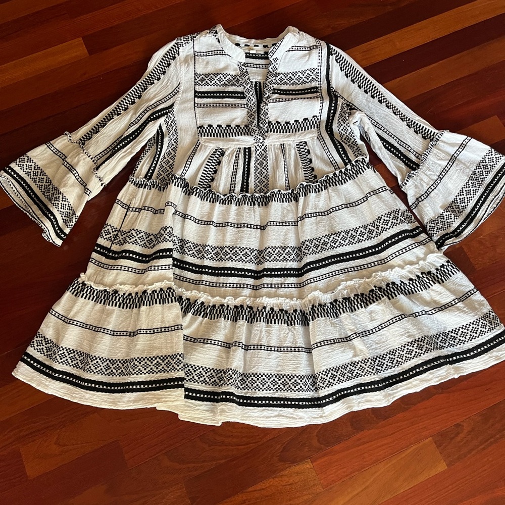 Elan Tiered Babydoll Embroidered Black and White Cotton Dress